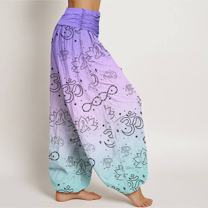 Pantaloni harem da donna con elastico in vita, motivo infinito, in cotone con Buddha Stones, simbolo OM, loto in meditazione - image 2