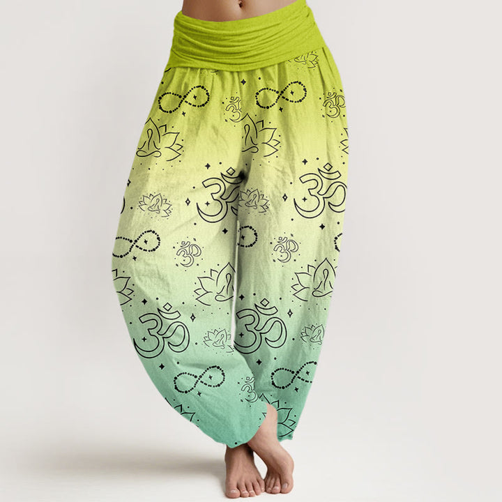 Pantaloni harem da donna con elastico in vita, motivo infinito, in cotone con Buddha Stones, simbolo OM, loto in meditazione - VerdeGiallo - US22, UK/AU26, EU54 (6XL) - image 4
