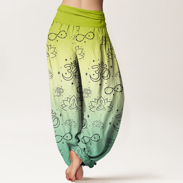 Pantaloni harem da donna con elastico in vita, motivo infinito, in cotone con Buddha Stones, simbolo OM, loto in meditazione - image 5