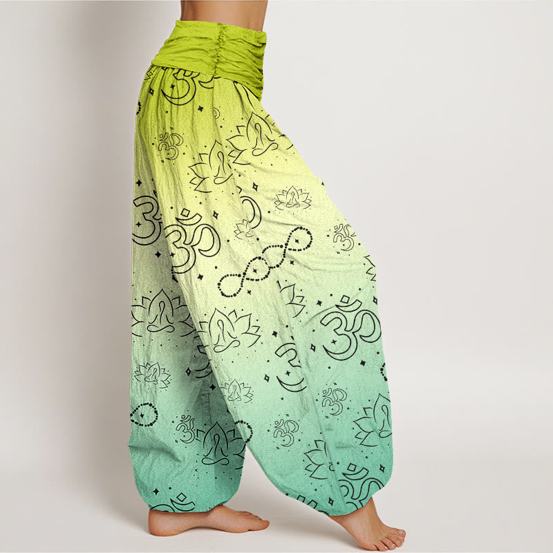 Pantaloni harem da donna con elastico in vita, motivo infinito, in cotone con Buddha Stones, simbolo OM, loto in meditazione - image 6
