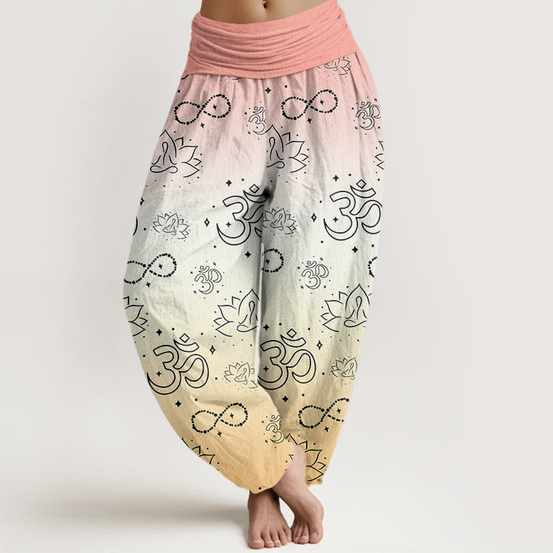 Pantaloni harem da donna con elastico in vita, motivo infinito, in cotone con Buddha Stones, simbolo OM, loto in meditazione - Beige - US22, UK/AU26, EU54 (6XL) - image 7