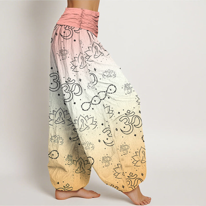 Pantaloni harem da donna con elastico in vita, motivo infinito, in cotone con Buddha Stones, simbolo OM, loto in meditazione - image 9
