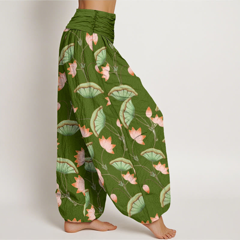 Pantaloni harem da donna con elastico in vita, motivo Buddha Stones, fiori di loto rosa e foglie verdi lussureggianti - image 2