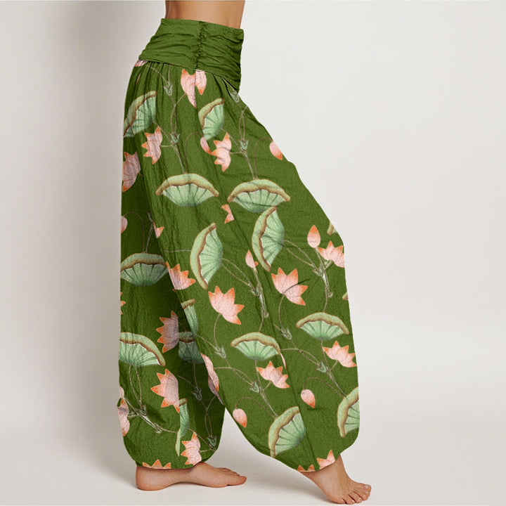 Pantaloni harem da donna con elastico in vita, motivo Buddha Stones, fiori di loto rosa e foglie verdi lussureggianti - image 2