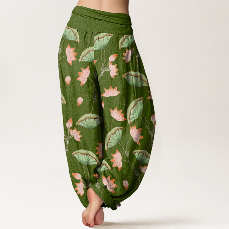 Pantaloni harem da donna con elastico in vita, motivo con Buddha Stones, fiori di loto rosa e foglie verdi lussureggianti - image 2