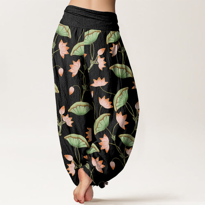 Pantaloni harem da donna con elastico in vita, motivo con Buddha Stones, fiori di loto rosa e foglie verdi lussureggianti - image 6