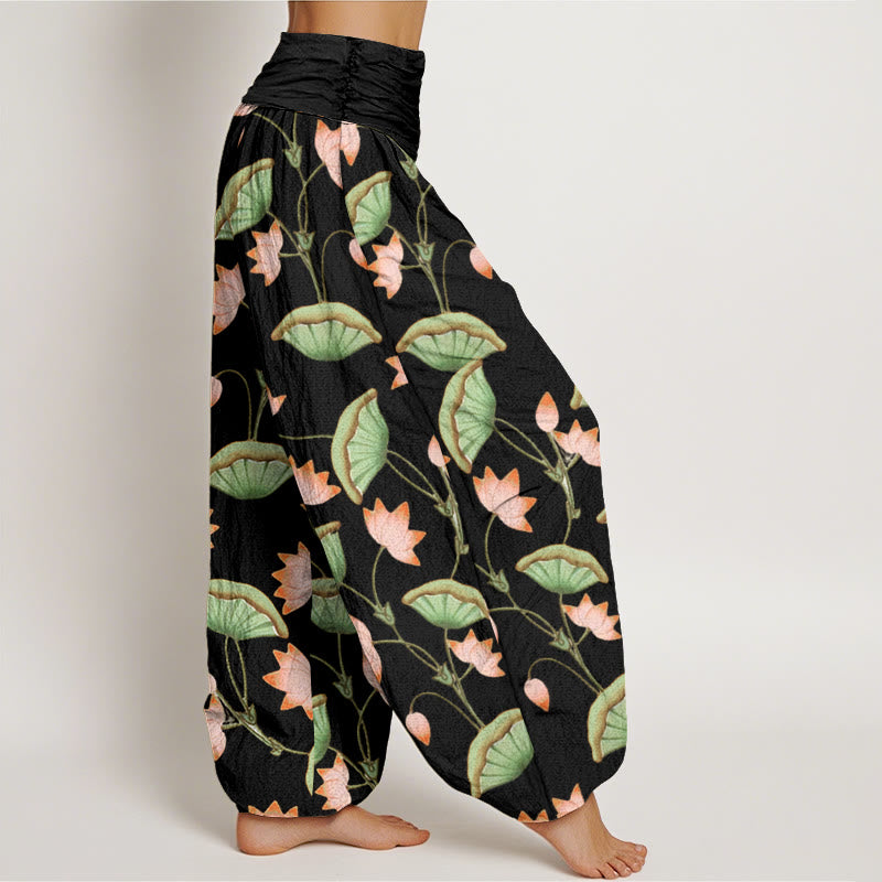 Pantaloni harem da donna con elastico in vita, motivo con Buddha Stones, fiori di loto rosa e foglie verdi lussureggianti - image 7