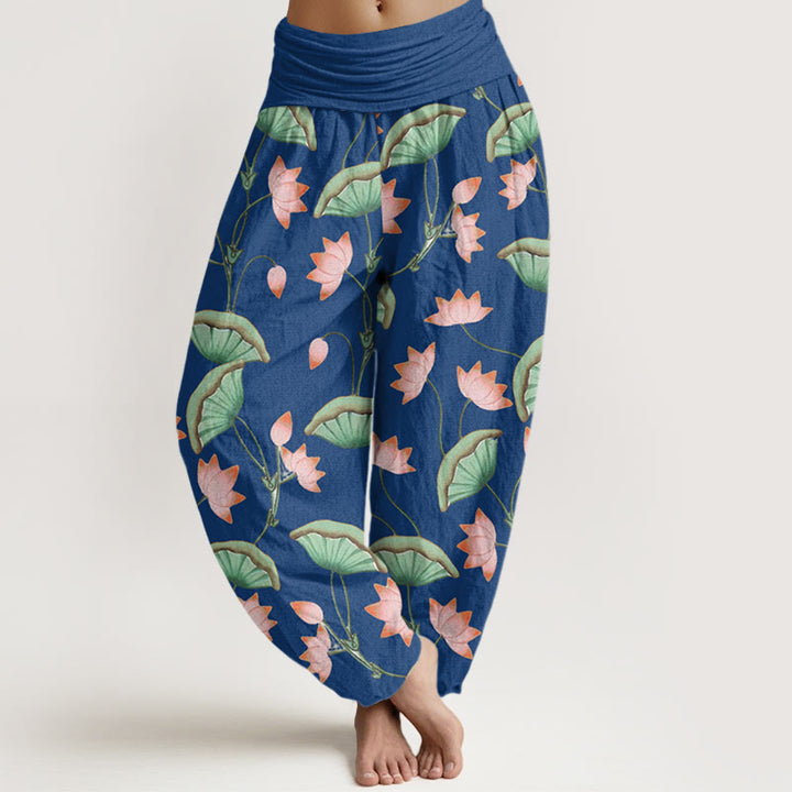 Pantaloni harem da donna con elastico in vita, motivo con Buddha Stones, fiori di loto rosa e foglie verdi lussureggianti - SteelBlue - US22, UK/AU26, EU54 (6XL) - image 8