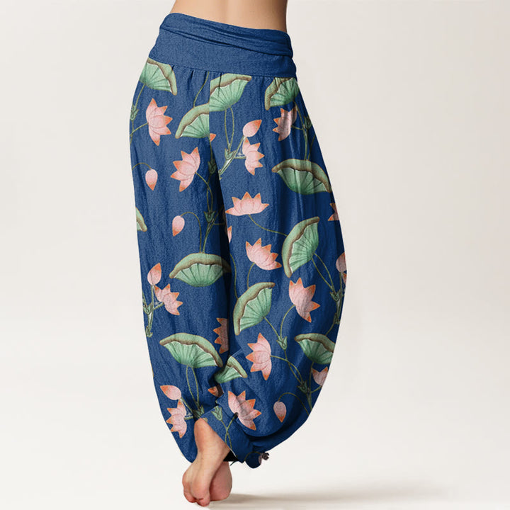Pantaloni harem da donna con elastico in vita, motivo con Buddha Stones, fiori di loto rosa e foglie verdi lussureggianti - image 9