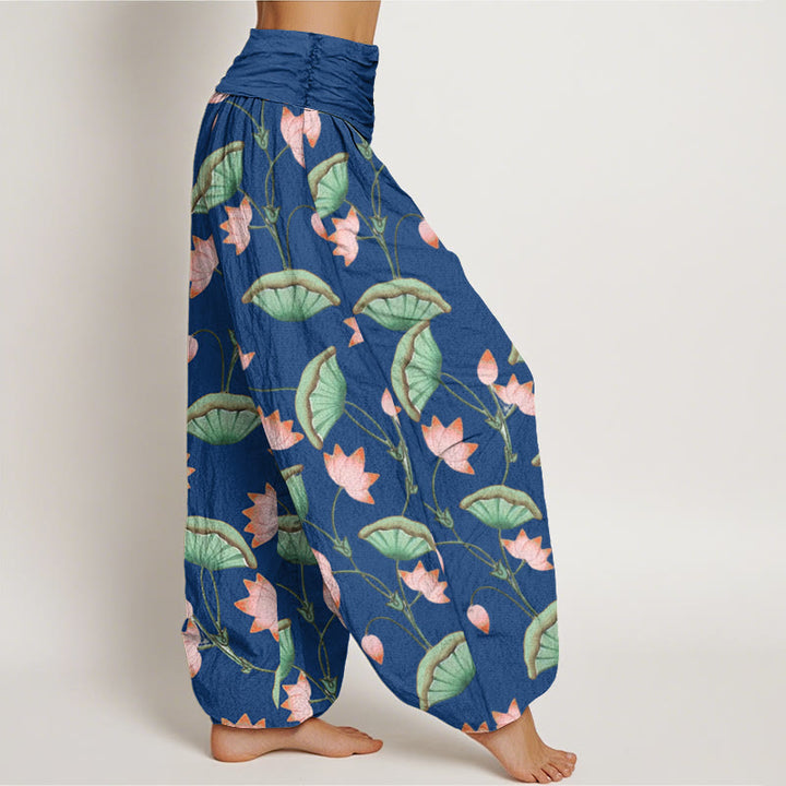Pantaloni harem da donna con elastico in vita, motivo Buddha Stones, fiori di loto rosa e foglie verdi lussureggianti - image 9