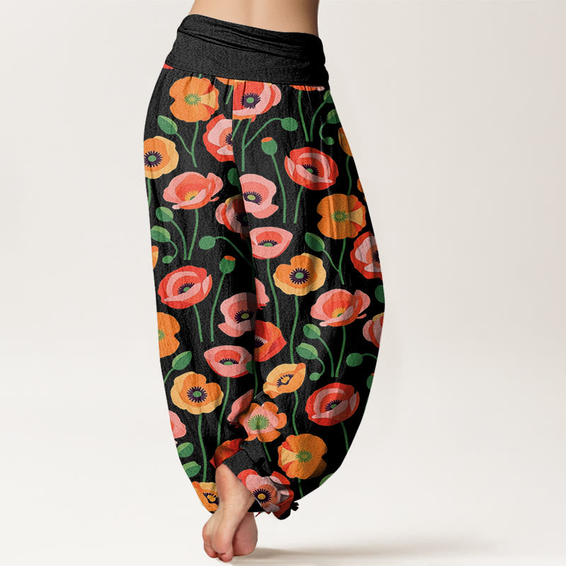 Pantaloni harem da donna con elastico in vita, in cotone, con motivo a fiori rossi e arancioni, motivo Buddha Stones - image 1
