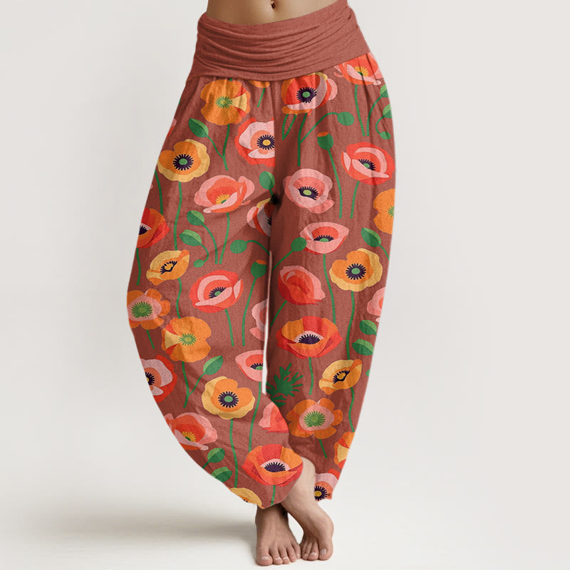 Pantaloni harem da donna con elastico in vita, in cotone, con motivo a fiori rossi e arancioni, motivo Buddha Stones - Corallo chiaro - US22, UK/AU26, EU54 (6XL) - image 4