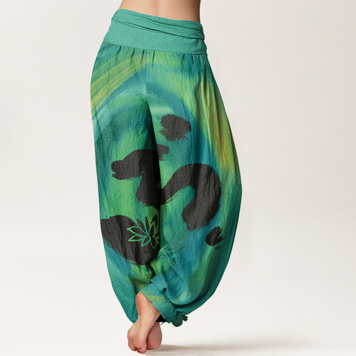 Pantaloni harem da donna con elastico in vita, motivo a fiori di loto e Buddha Stones - image 1