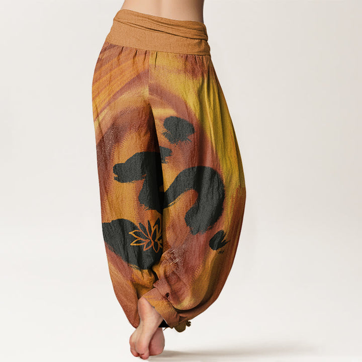Pantaloni harem da donna con elastico in vita, in Buddha Stones , con simbolo OM e motivo a fiori di loto - image 5