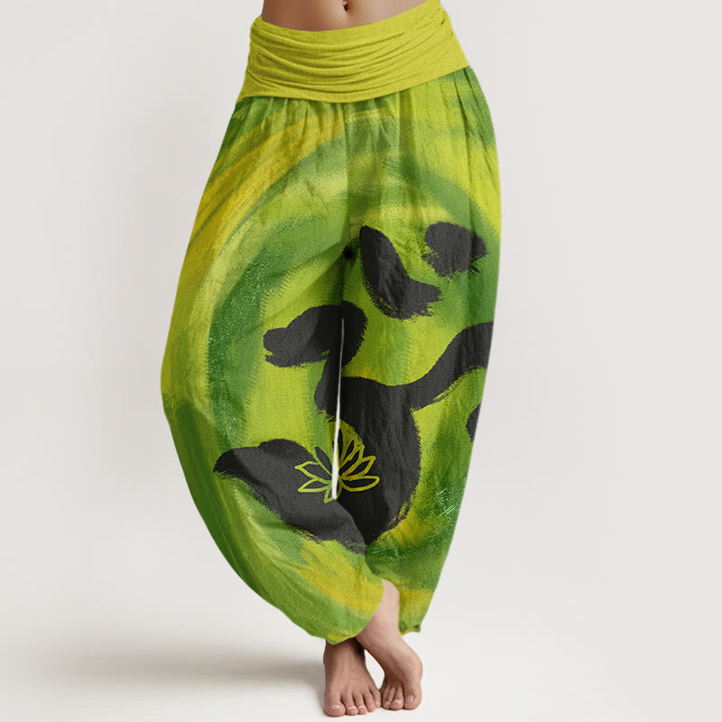 Pantaloni harem da donna con elastico in vita, motivo a fiori di loto e Buddha Stones - GialloVerde - US22, UK/AU26, EU54 (6XL) - image 7