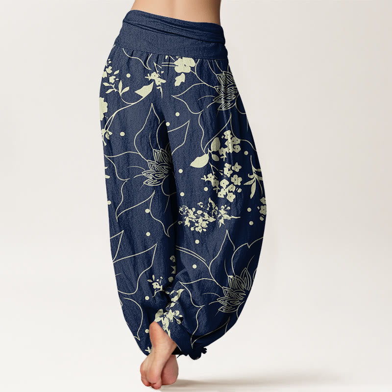 Pantaloni harem da donna con elastico in vita, motivo a fiori di grandi petali beige con Buddha Stones - image 2