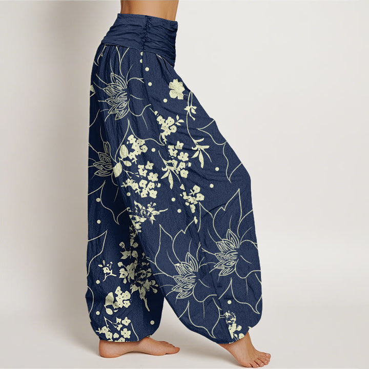 Pantaloni harem da donna con elastico in vita, motivo a fiori di grandi petali beige con Buddha Stones - image 3