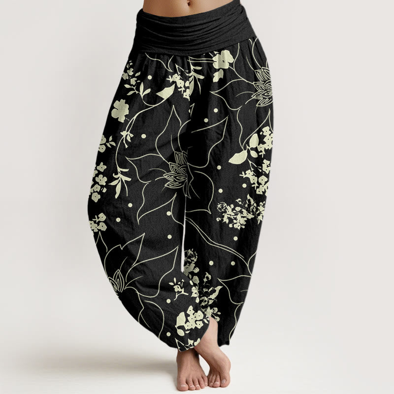 Pantaloni harem da donna con elastico in vita, in cotone beige con motivo a grandi petali di fiori Buddha Stones - Nero - US22, UK/AU26, EU54 (6XL) - image 4