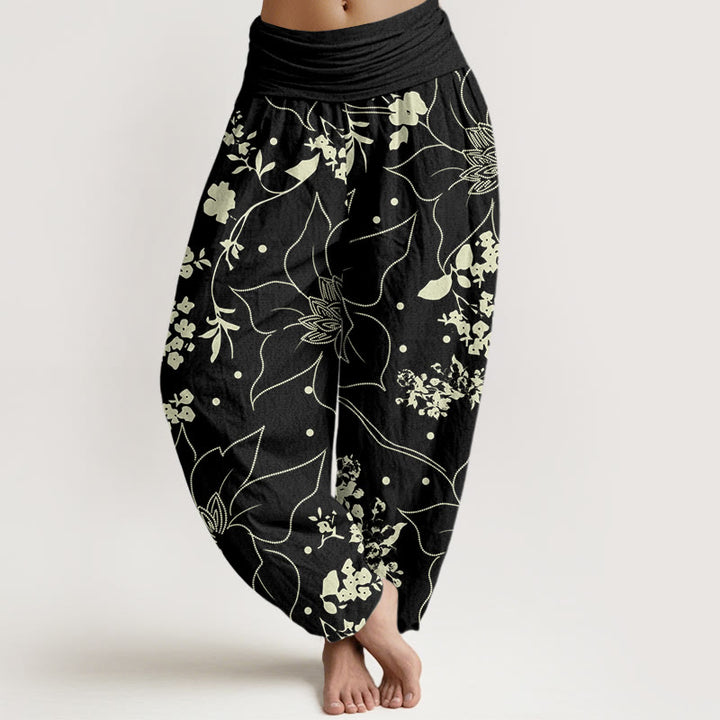 Pantaloni harem da donna con elastico in vita, motivo a fiori di grandi petali beige con Buddha Stones - Nero - US22, UK/AU26, EU54 (6XL) - image 5