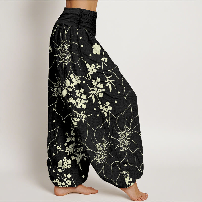 Pantaloni harem da donna con elastico in vita, in cotone beige con motivo a grandi petali di fiori Buddha Stones - image 6