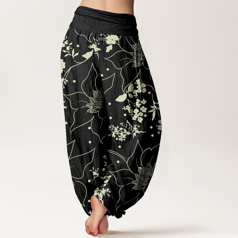 Pantaloni harem da donna con elastico in vita, motivo a fiori di grandi petali beige con Buddha Stones - image 5