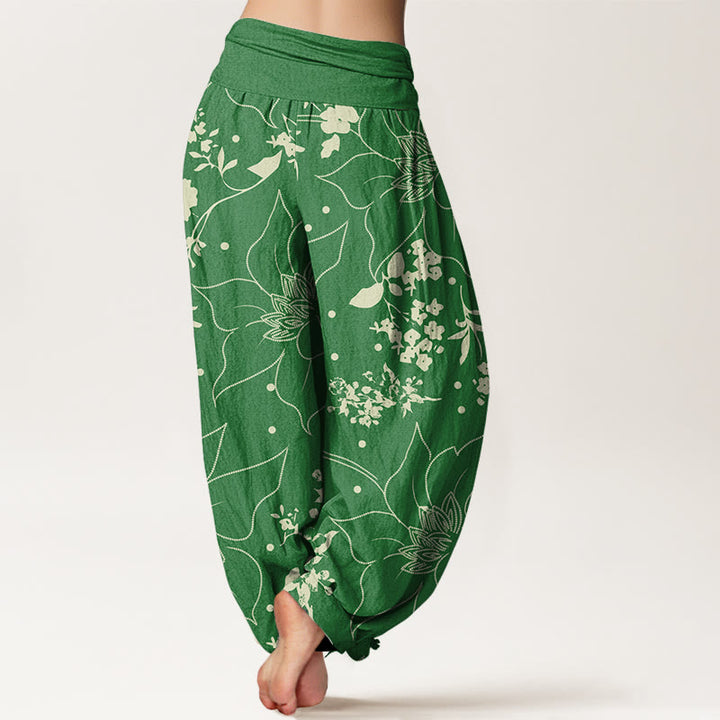 Pantaloni harem da donna con elastico in vita, motivo a fiori di grandi petali beige con Buddha Stones - image 9