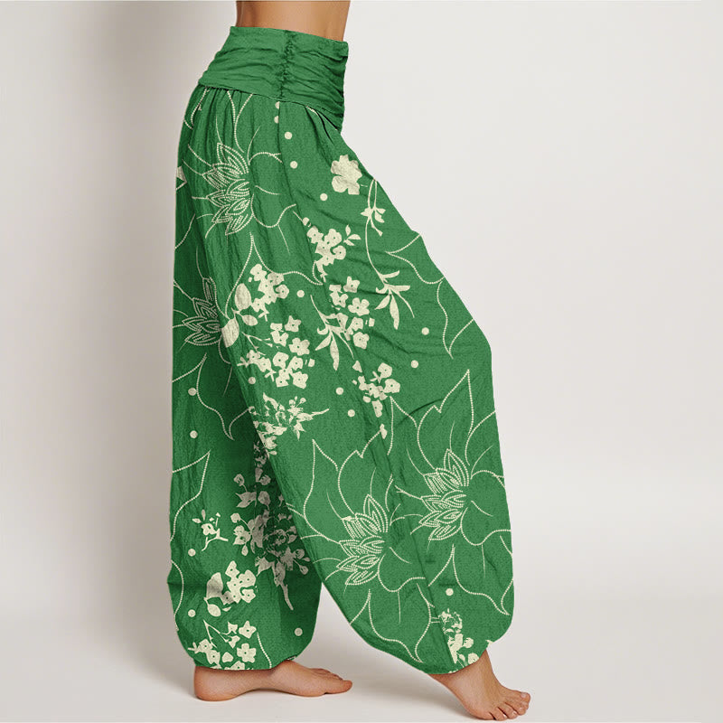 Pantaloni harem da donna con elastico in vita, motivo a fiori di grandi petali beige con Buddha Stones - image 9