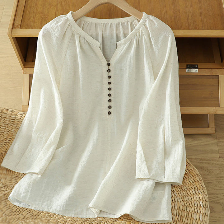 Camicia da donna con maniche a tre quarti e bottoni bianchi a tinta unita Buddha Stones