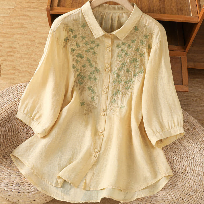Camicia da donna a mezza manica in cotone con bottoni e ricamo a foglie Buddha Stones