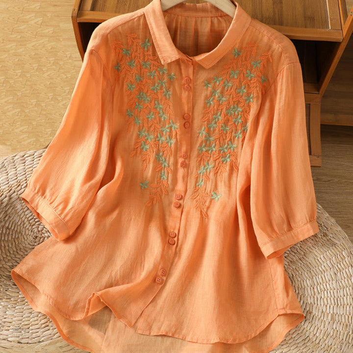 Camicia da donna a mezza manica in cotone con bottoni e ricamo a foglie Buddha Stones