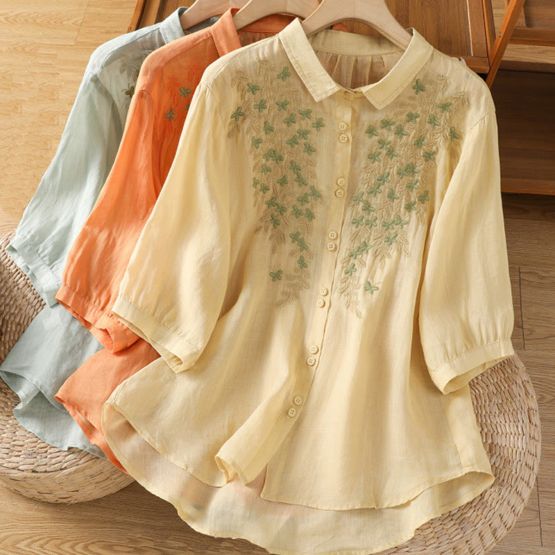 Camicia da donna a mezza manica in cotone con bottoni e ricamo a foglie Buddha Stones