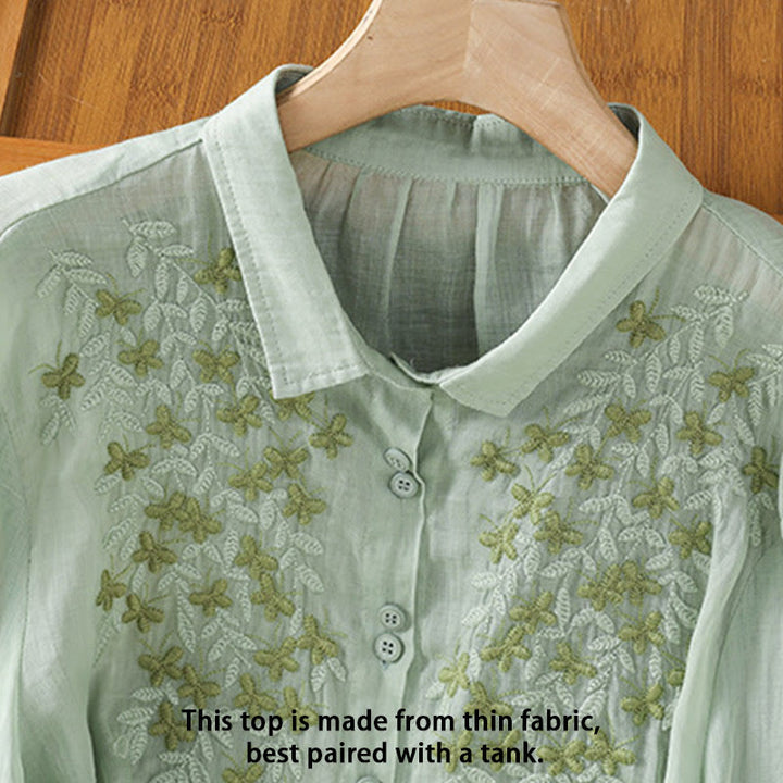 Camicia da donna a mezza manica in cotone con bottoni e ricamo a foglie Buddha Stones