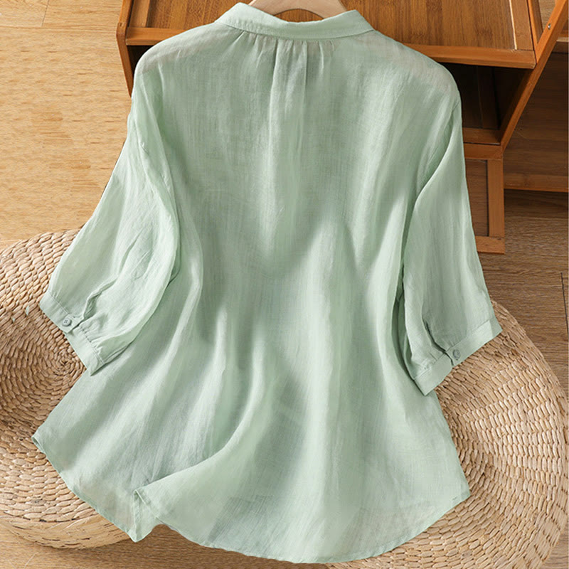 Camicia da donna a mezza manica in cotone con bottoni e ricamo a foglie Buddha Stones
