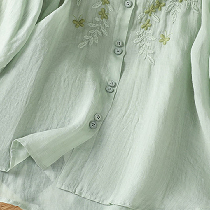 Camicia da donna a mezza manica in cotone con bottoni e ricamo a foglie Buddha Stones