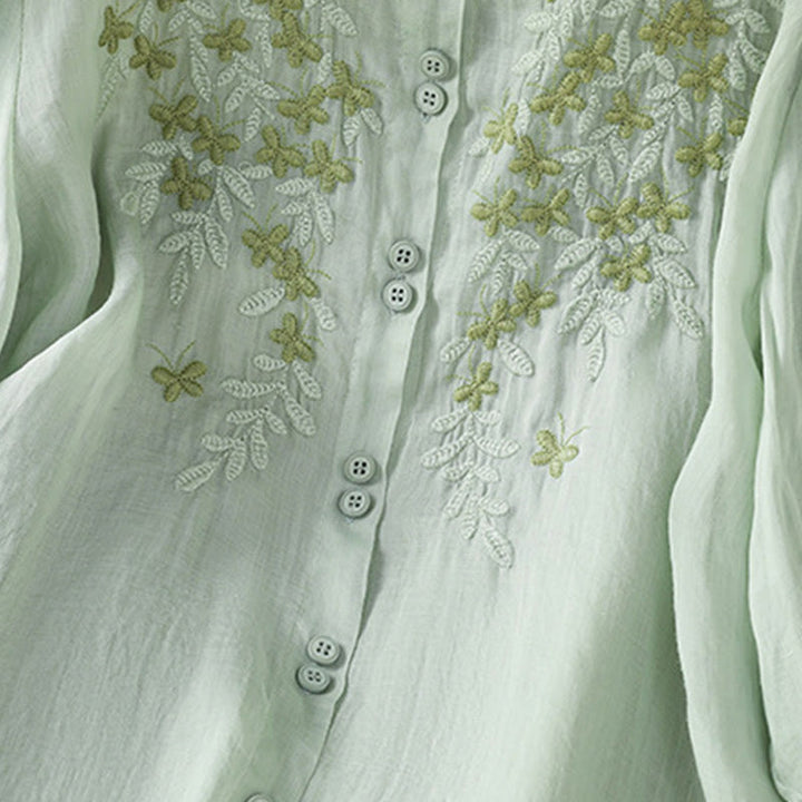 Camicia da donna a mezza manica in cotone con bottoni e ricamo a foglie Buddha Stones