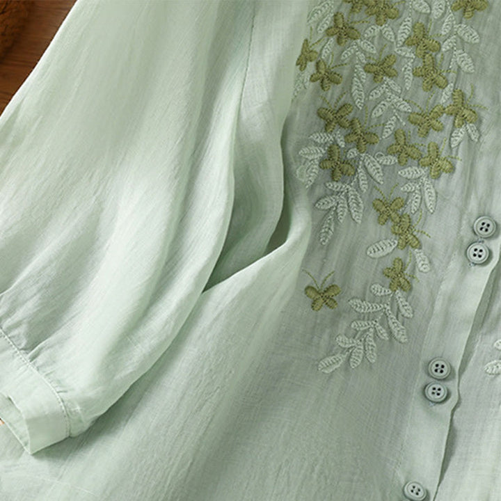 Camicia da donna a mezza manica in cotone con bottoni e ricamo a foglie Buddha Stones
