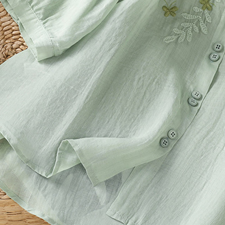 Camicia da donna a mezza manica in cotone con bottoni e ricamo a foglie Buddha Stones