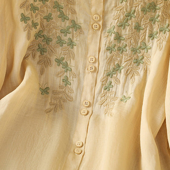 Camicia da donna a mezza manica in cotone con bottoni e ricamo a foglie Buddha Stones
