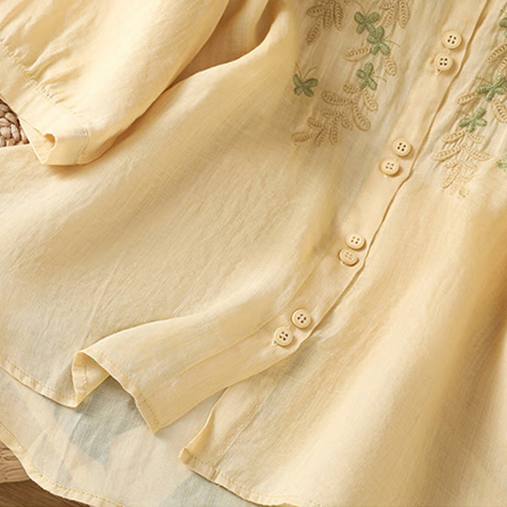 Camicia da donna a mezza manica in cotone con bottoni e ricamo a foglie Buddha Stones