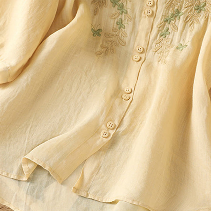 Camicia da donna a mezza manica in cotone con bottoni e ricamo a foglie Buddha Stones