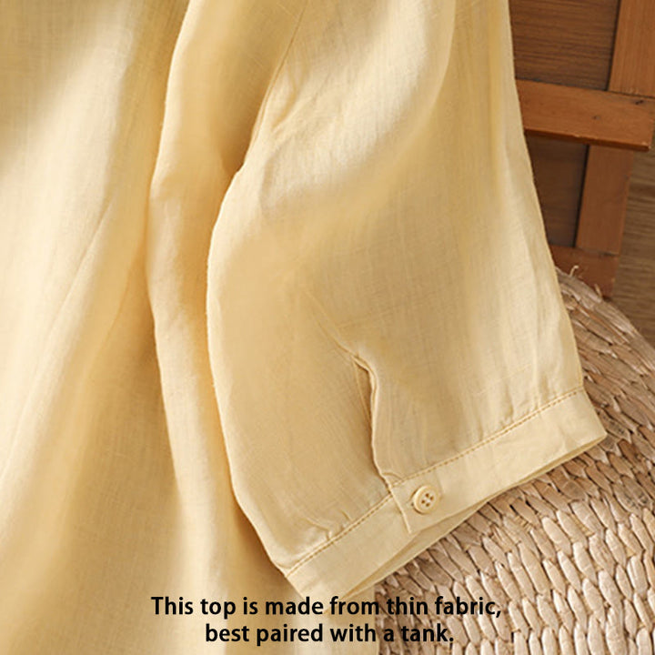Camicia da donna a mezza manica in cotone con bottoni e ricamo a foglie Buddha Stones