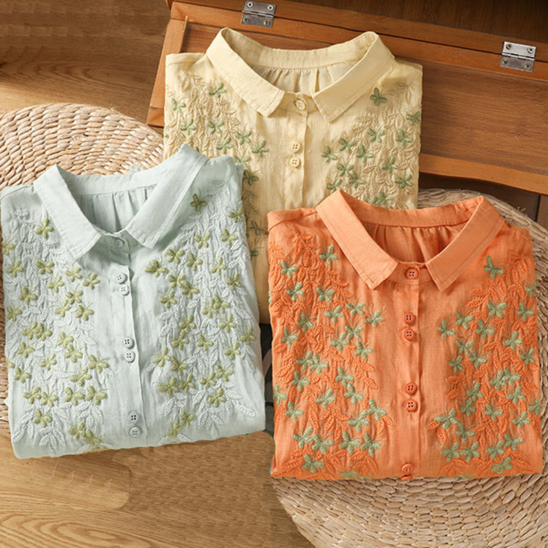 Camicia da donna a mezza manica in cotone con bottoni e ricamo a foglie Buddha Stones
