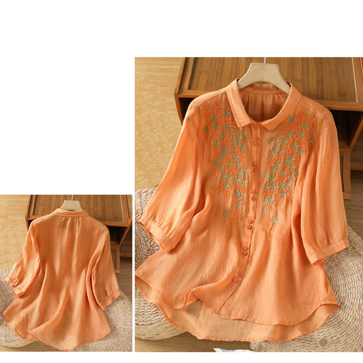Camicia da donna a mezza manica in cotone con bottoni e ricamo a foglie Buddha Stones