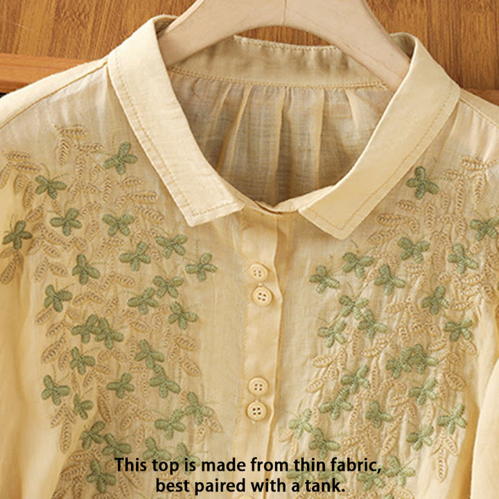 Camicia da donna a mezza manica in cotone con bottoni e ricamo a foglie Buddha Stones
