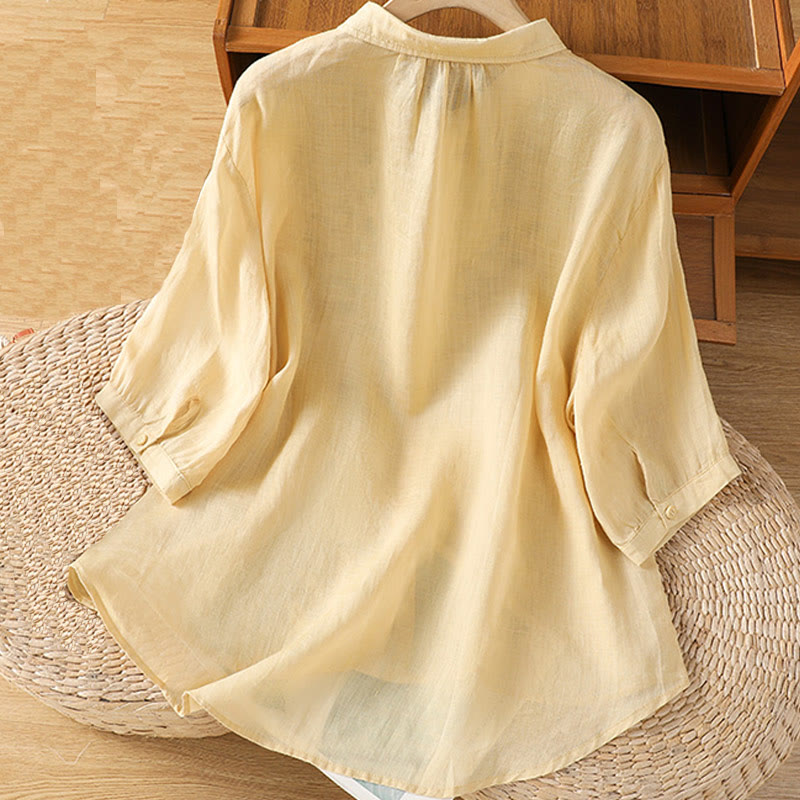 Camicia da donna a mezza manica in cotone con bottoni e ricamo a foglie Buddha Stones