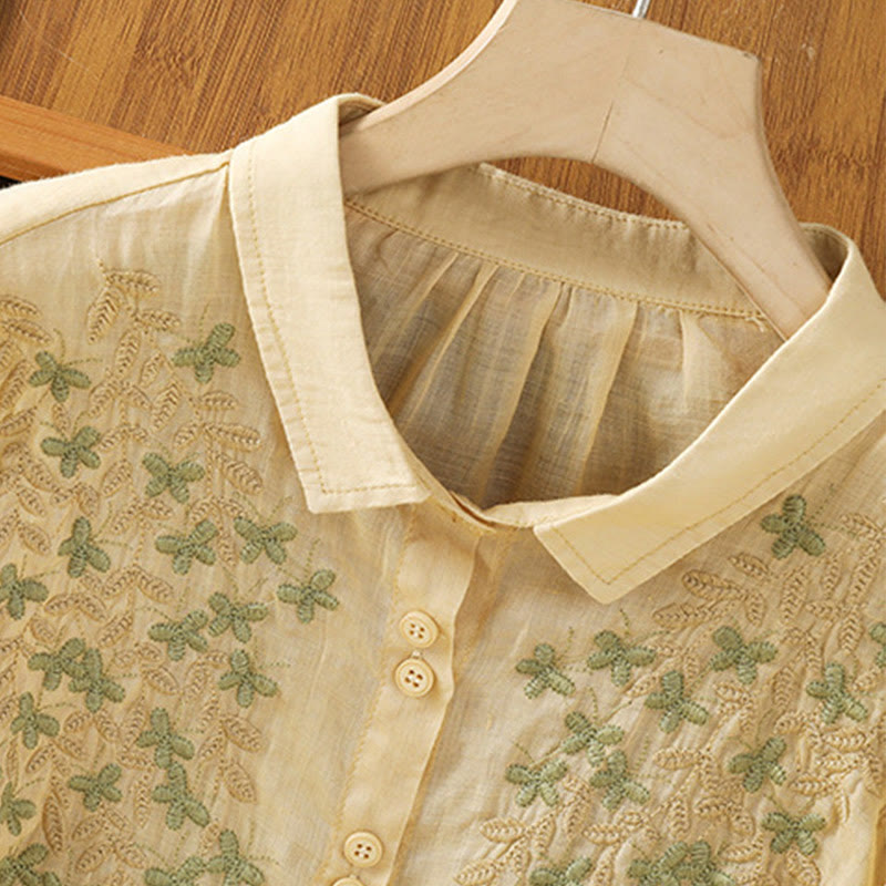 Camicia da donna a mezza manica in cotone con bottoni e ricamo a foglie Buddha Stones