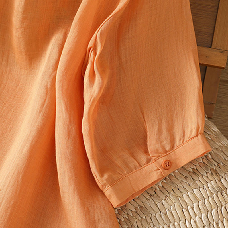 Camicia da donna a mezza manica in cotone con bottoni e ricamo a foglie Buddha Stones
