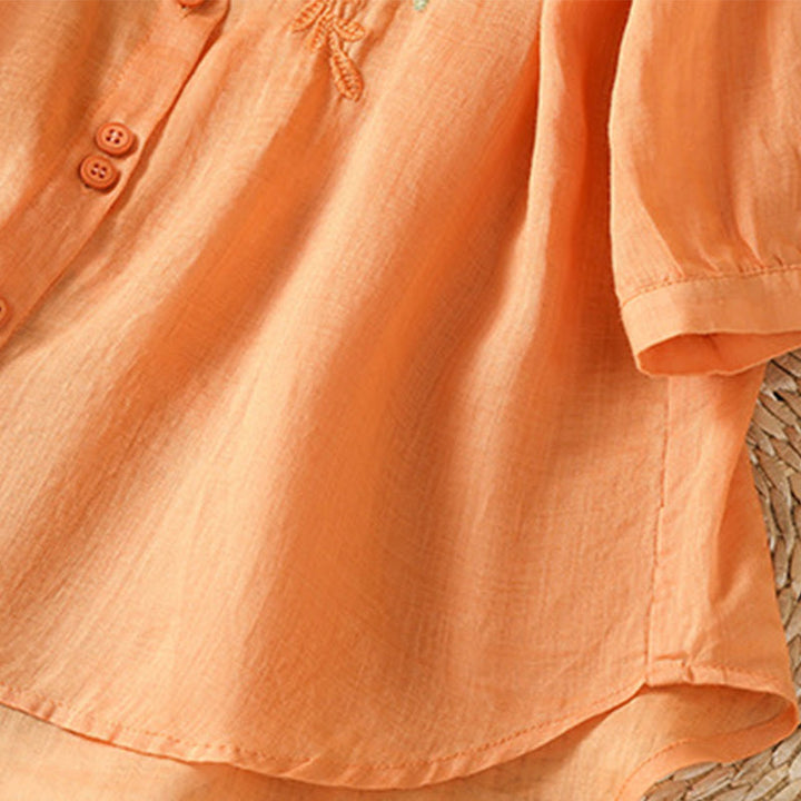 Camicia da donna a mezza manica in cotone con bottoni e ricamo a foglie Buddha Stones