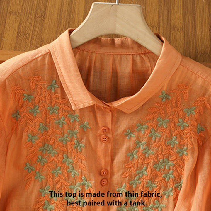 Camicia da donna a mezza manica in cotone con bottoni e ricamo a foglie Buddha Stones