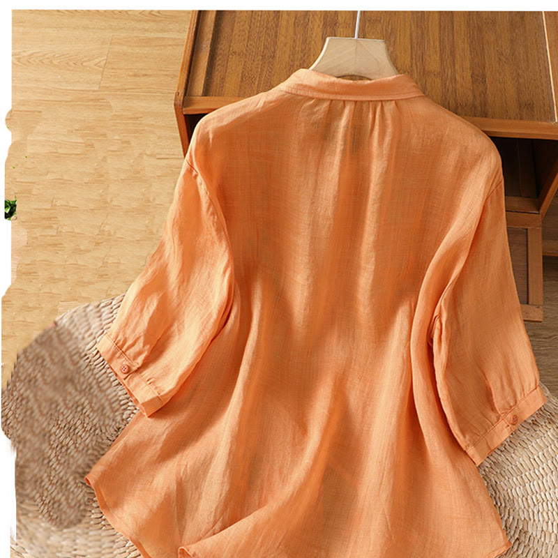Camicia da donna a mezza manica in cotone con bottoni e ricamo a foglie Buddha Stones